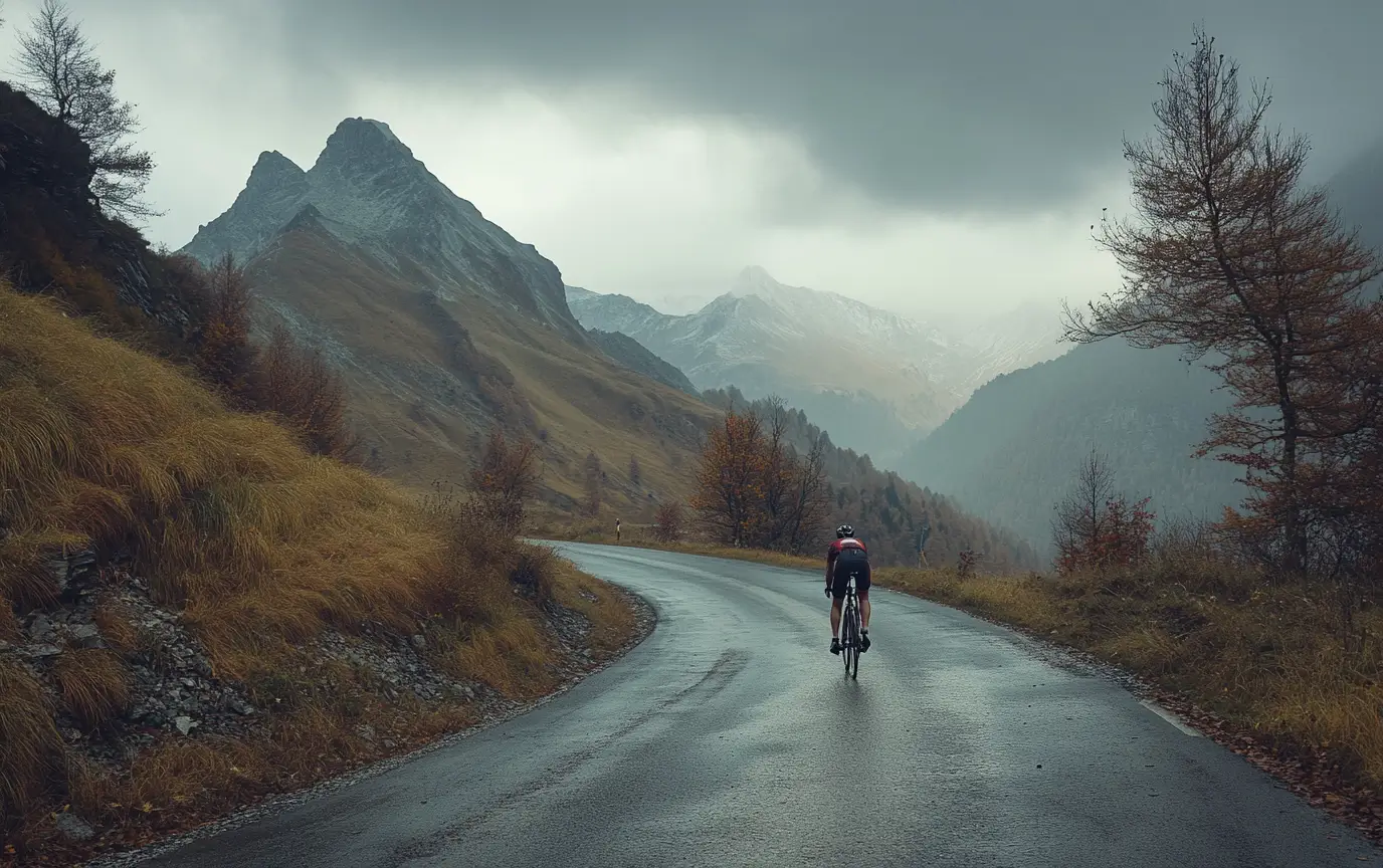 Radrennfahrer fährt durch alpines Bergpanorama